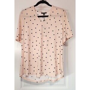 ADRIANNA PAPELL Pink Crepe Polka Dot Blouse Women XL Short Puff Sleeve V-Neck